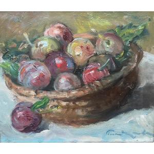 Still Life Painting Fruit Basket Expressionist Painting With Signature To Identify.