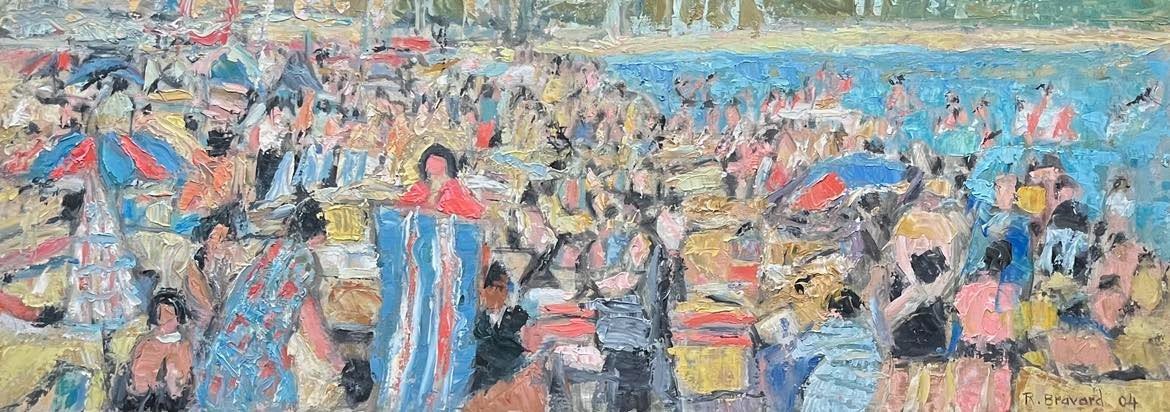 Roger Bravard (1923 – 2015) "the Crowd On The Beach” Oil On Cardboard Sbd 55x20 Cms