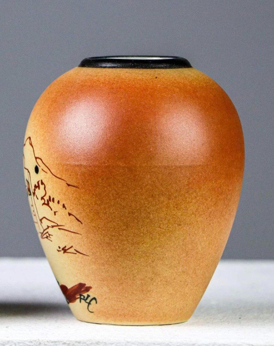 Ciboure, Rare Ovoid Vase With Orange Background With Pelotari Decor, Rf Stamp, Signed Rlc, H: 10 Cms-photo-4