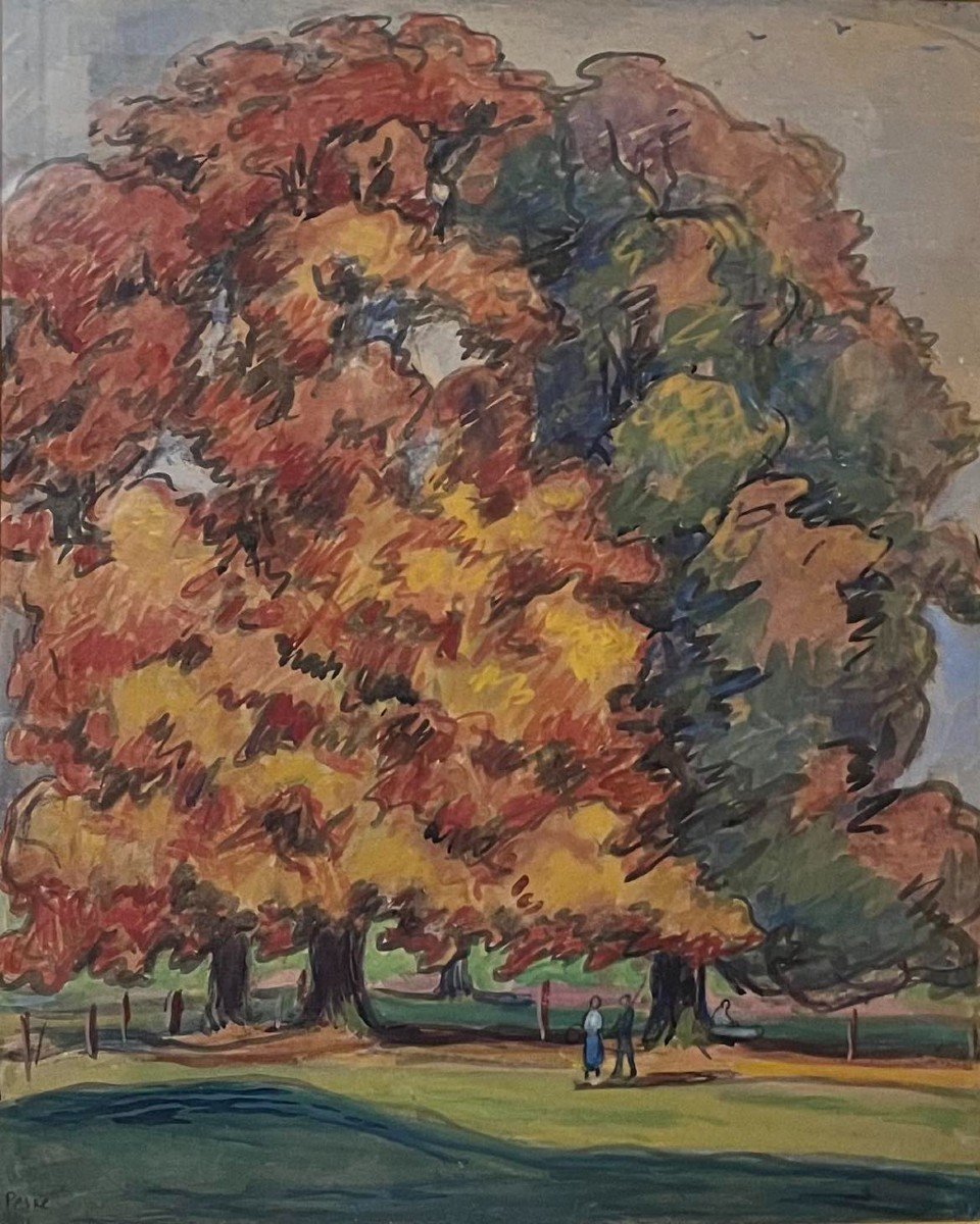 Jean Peské (golta 1870- Le Mans 1949) “lively Forest Edge In Autumn” Watercolor Signed 37x45 Cm-photo-2