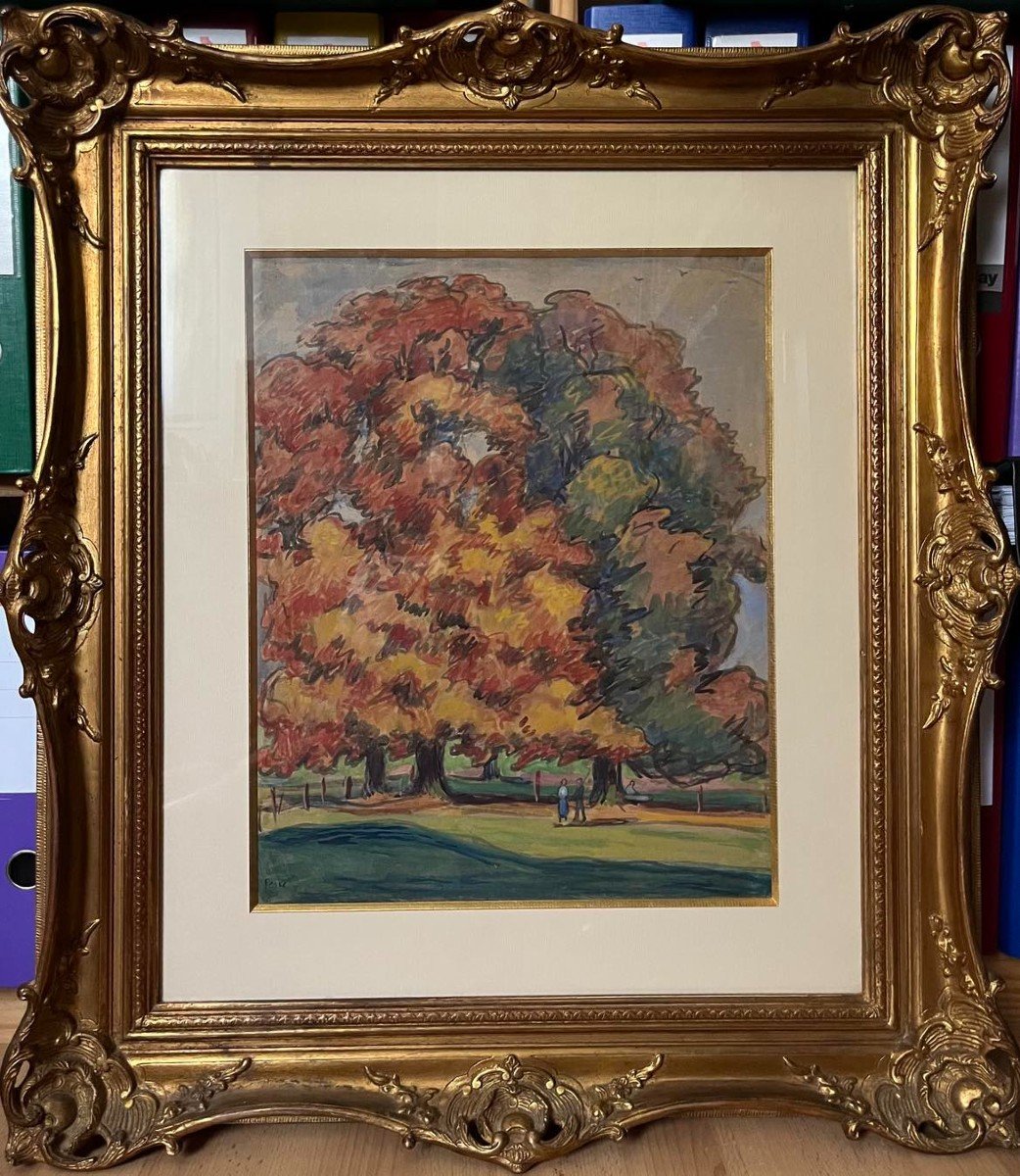 Jean Peské (golta 1870- Le Mans 1949) “lively Forest Edge In Autumn” Watercolor Signed 37x45 Cm