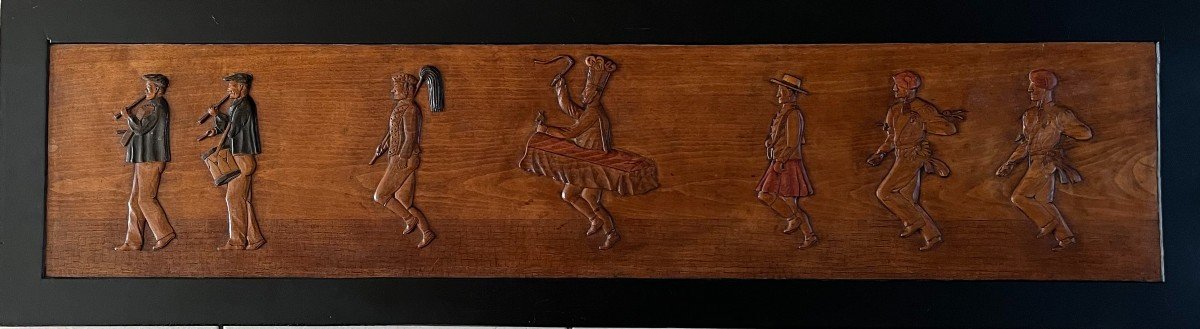 Carved Wooden Panel With Basque Dancers And Musicians L: 112 Cm H: 31 Cm