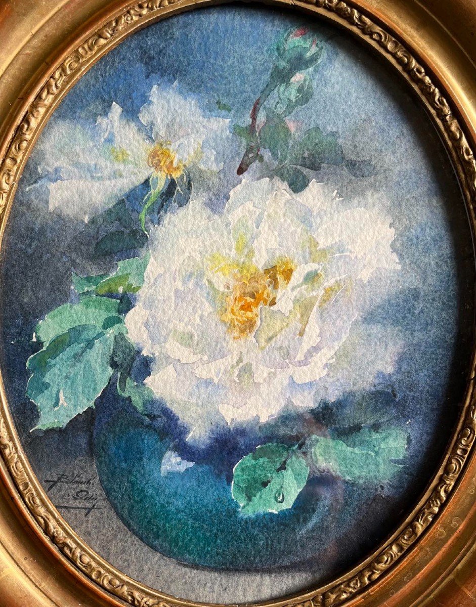 Blanche Odin (1865-1957) "white Roses" Signed Oval Watercolor Framed Under Glass 21x26 Cm-photo-3