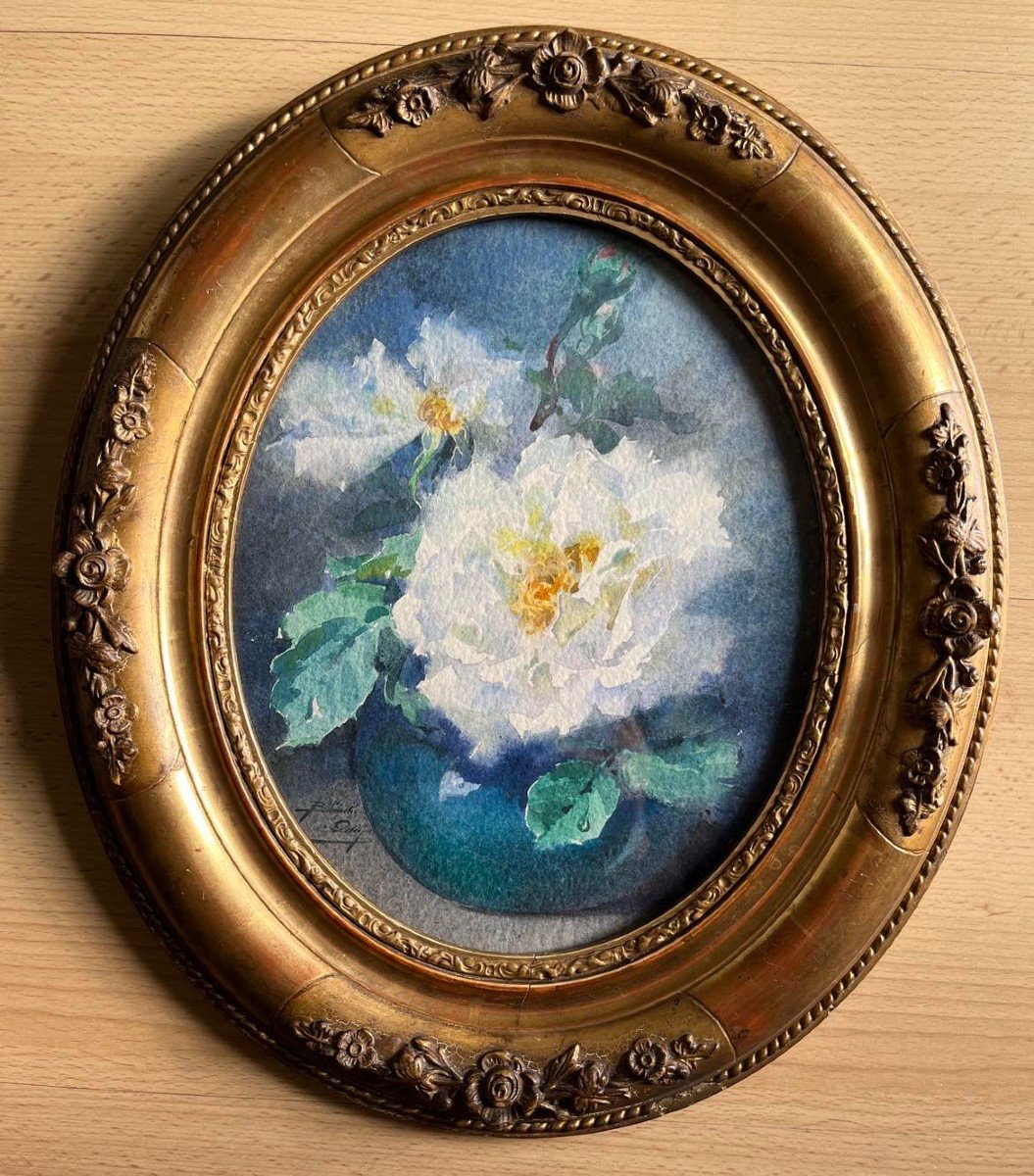 Blanche Odin (1865-1957) "white Roses" Signed Oval Watercolor Framed Under Glass 21x26 Cm