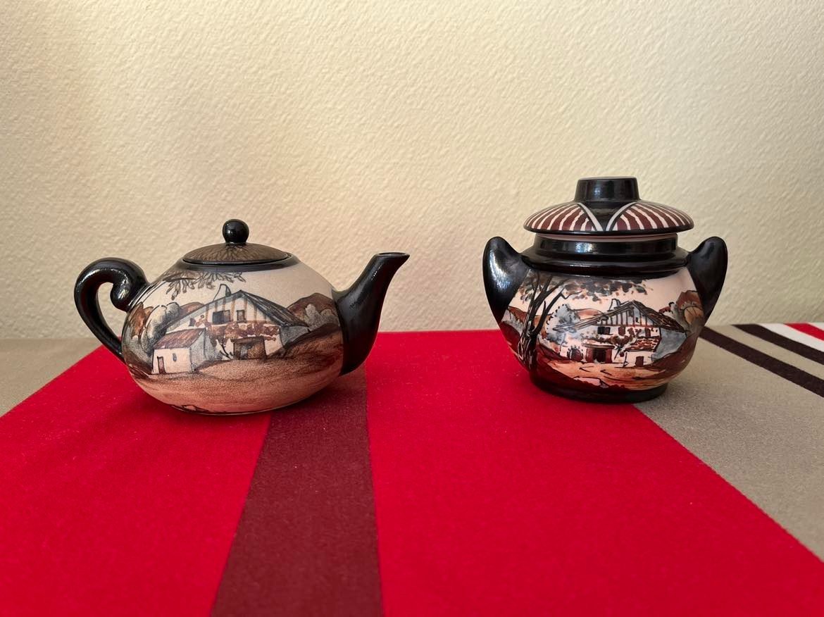 Ciboure, Basque Stoneware, Teapot Signed Le Coronne And Sugar Bowl For 4t Service, Fischer Period-photo-3