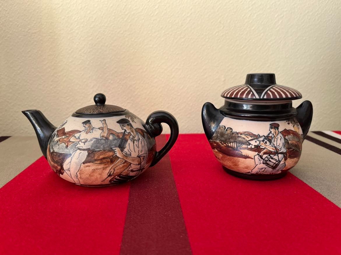 Ciboure, Basque Stoneware, Teapot Signed Le Coronne And Sugar Bowl For 4t Service, Fischer Period