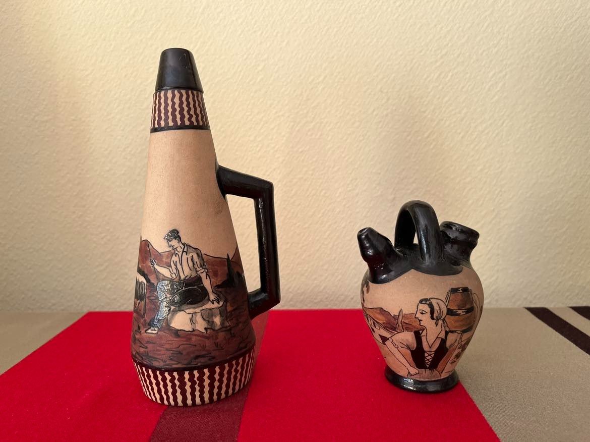 Ciboure, Basque Stoneware, Carafe And Goat, Signed Fernandez And Ostiz, Ve Ciboure Stamp