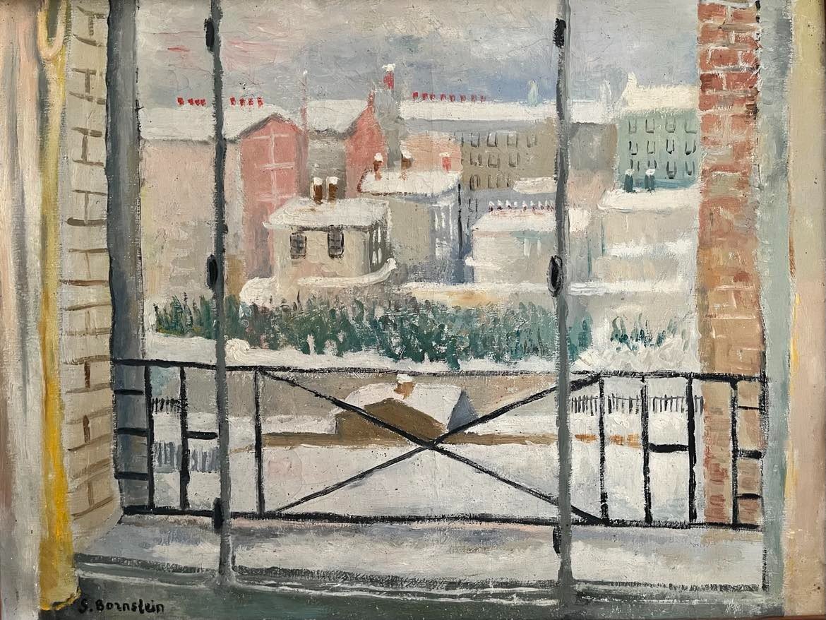 Sonia BORNSTEIN (1907 Varsovie - 1944?)  "Ville sous la neige" - Polonaise - HST SBG  65x 50 cm