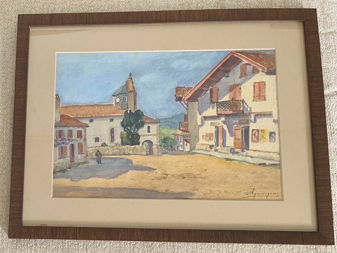 Charles d’AGUERREGARAY (1859–1936) - Place de Bidart - Pays Basque - Aquarelle signée-photo-2