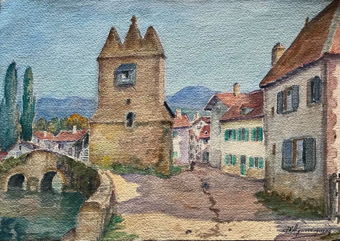 Charles d’AGUERREGARAY (1859–1936) "Village de Soule - Pays basque” Aquarelle SBD 24x35 cm