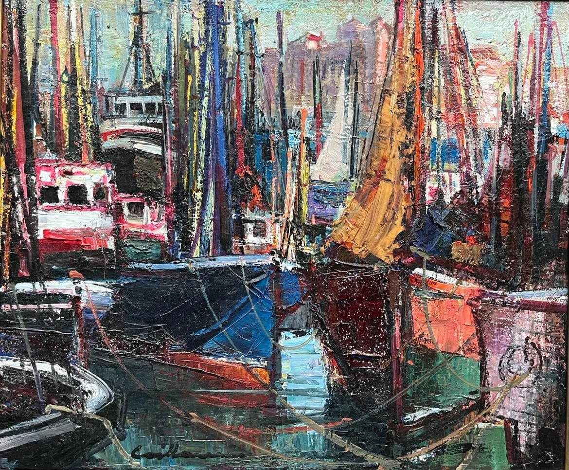  Rodolphe CAILLAUX (1904 – 1989)  "Bateaux à Saint-Jean-de-Luz - Pays basque”  HST 38x46 cm