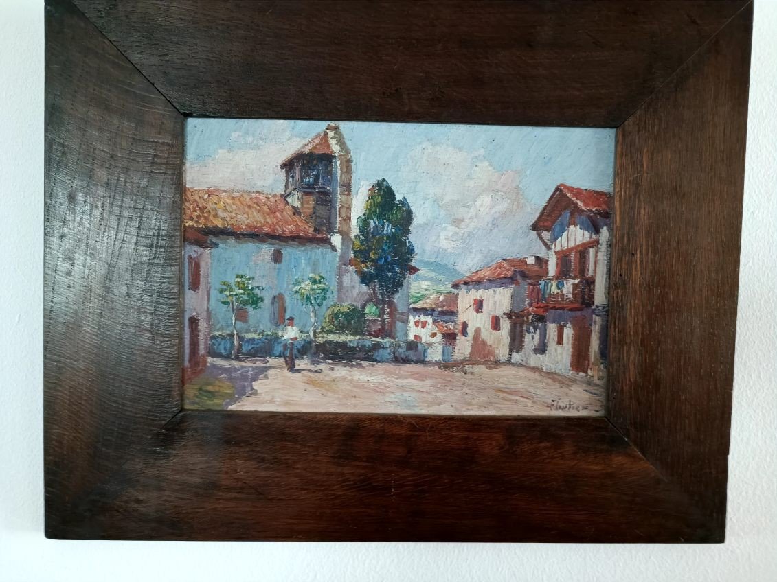 Louis FLOUTIER (1882 - 1936)  "L’église de Bidart animée - Pays basque"  HSP signée 26x18,4 cm-photo-3