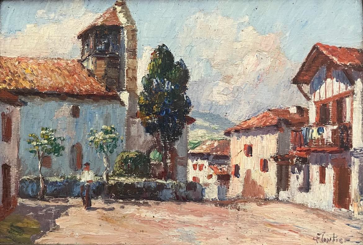 Louis FLOUTIER (1882 - 1936)  "L’église de Bidart animée - Pays basque"  HSP signée 26x18,4 cm