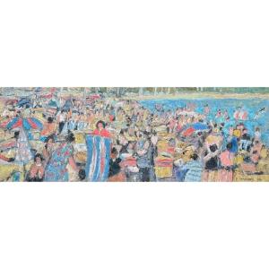 Roger Bravard (1923 – 2015) "the Crowd On The Beach” Oil On Cardboard Signed 20 X 55 Cm