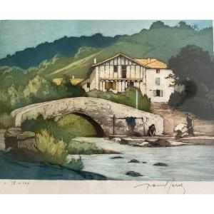 Raoul SERRES (1881 – 1971) "Vieux pont au pays basque" Eau-forte signée/justifiée, 16x21