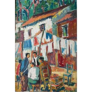 Henri Pascault (1900-1991) "Village basque" Huile sur panneau signée 37x54 cm
