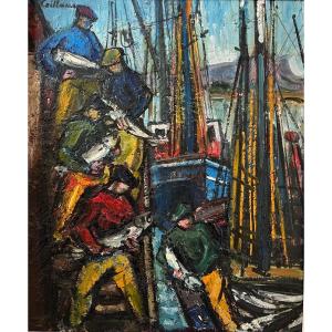 Rodolphe Caillaux -unloading Tuna In Saint Jean De Luz - Basque Country - Oil On  Canvas 44x53 