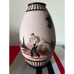 Ciboure, Basque Stoneware, Vase Figuring A Farmer And Donkey, Ve Stamp, Signed David, H: 21 Cms