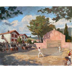 Raoul Serres (1881 – 1971) "Partie de pelote au pays basque" HSP signée, 65x54 cm