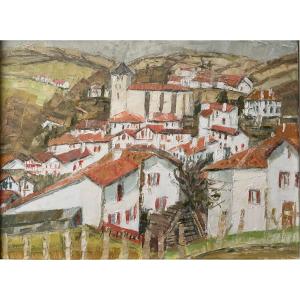 Roger Bravard (1923 – 2015)  "Vue d'Espelette, Pays basque”, HST signée, datée (19)93, 50x65 cm