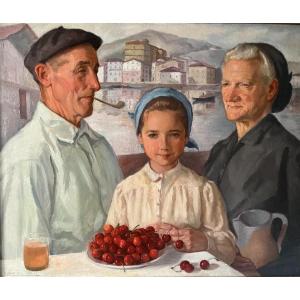 Mauricio-flores Kaperotxipi "grandparents And Granddaughter- Basque Country" Oil/canvas 78x64cm