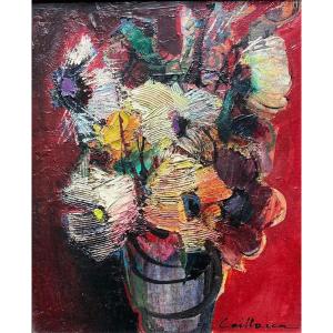 Rodolphe Caillaux (1904-1989) "Fleurs ardentes"- Huile sur toile signée et titrée au dos 38x46