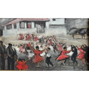 Robert Deletang (1874-1951) "festival In The Basque Country" Oil/canvas 1935  Elizando 36x22 Cm