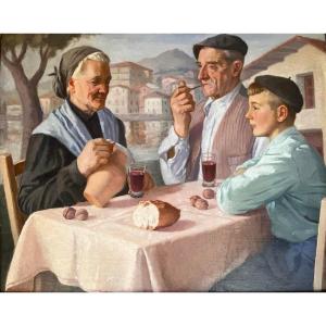 Mauricio-Flores Kaperotxipi (1901-1997) "Repas en famille - Pays basque" HST signée 80x65 cm