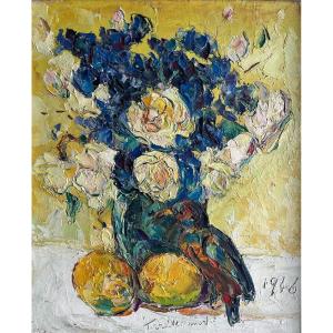 Wladimir de Terlikowski (1873 – 1951) " Composition aux fleurs et à l'oiseau"- HST signée -1946