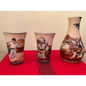 Ciboure, Basque Stoneware, Set Of 2 Goblets And 1 Vase, Fischer Period, Signed Carmen Fischer