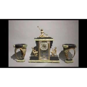 Bronze Black Marble And Green Onyx Fireplace Set With Clock And Cassolettes Ca. 1930 