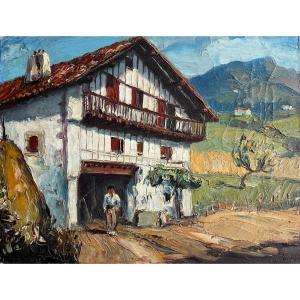 JIVA (1907-1974)  - "Maison Labourdine à Sare" - Pays basque -  HST titrée au dos 27x35 cm 