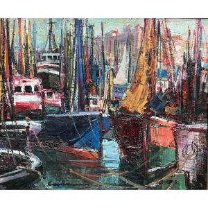  Rodolphe CAILLAUX (1904 – 1989)  "Bateaux à Saint-Jean-de-Luz - Pays basque”  HST 38x46 cm