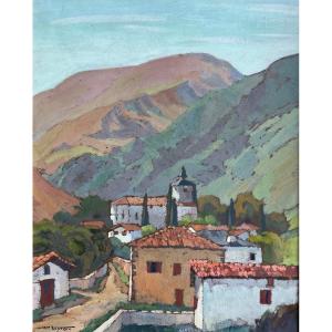 Philippe Veyrin (1900 - 1962) « Vue d’Ixtassou - Pays basque » Huile sur carton  33 x 26 cm