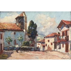 Louis FLOUTIER (1882 - 1936)  "L’église de Bidart animée - Pays basque"  HSP signée 18 x 26 cm