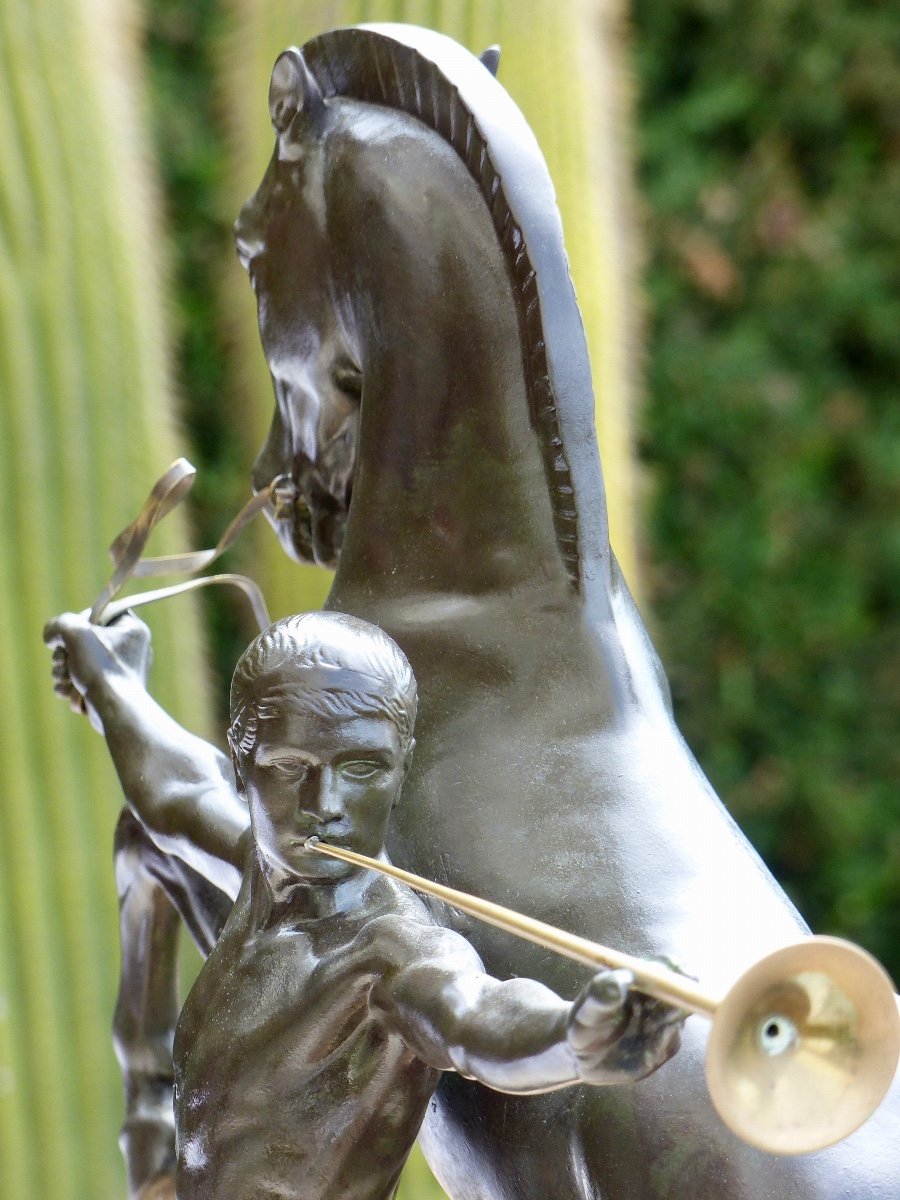 Statue Cheval et Homme à la trompette Signée Charles dénommée " L'appel "  -photo-5