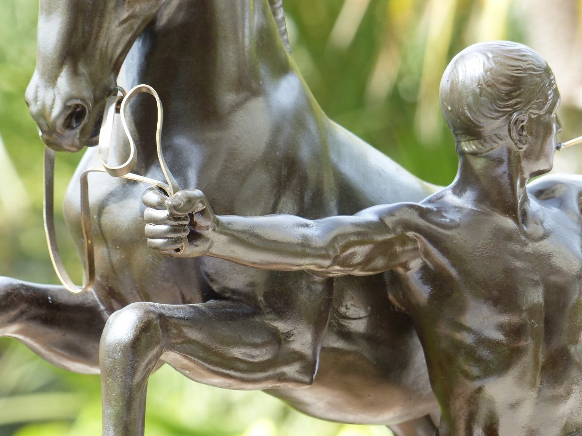 Statue Cheval et Homme à la trompette Signée Charles dénommée " L'appel "  -photo-8
