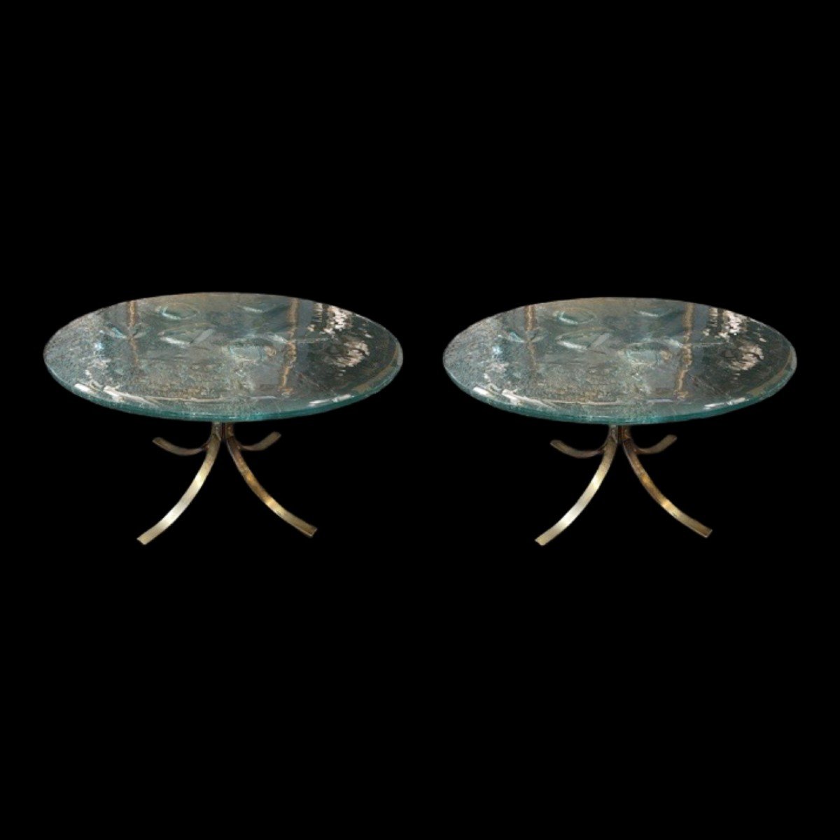 Pair Of Round Coffee / Sofa Tables, Brutalist Artistic Glass, Hollywood Regency Style, Ca 1970-photo-3