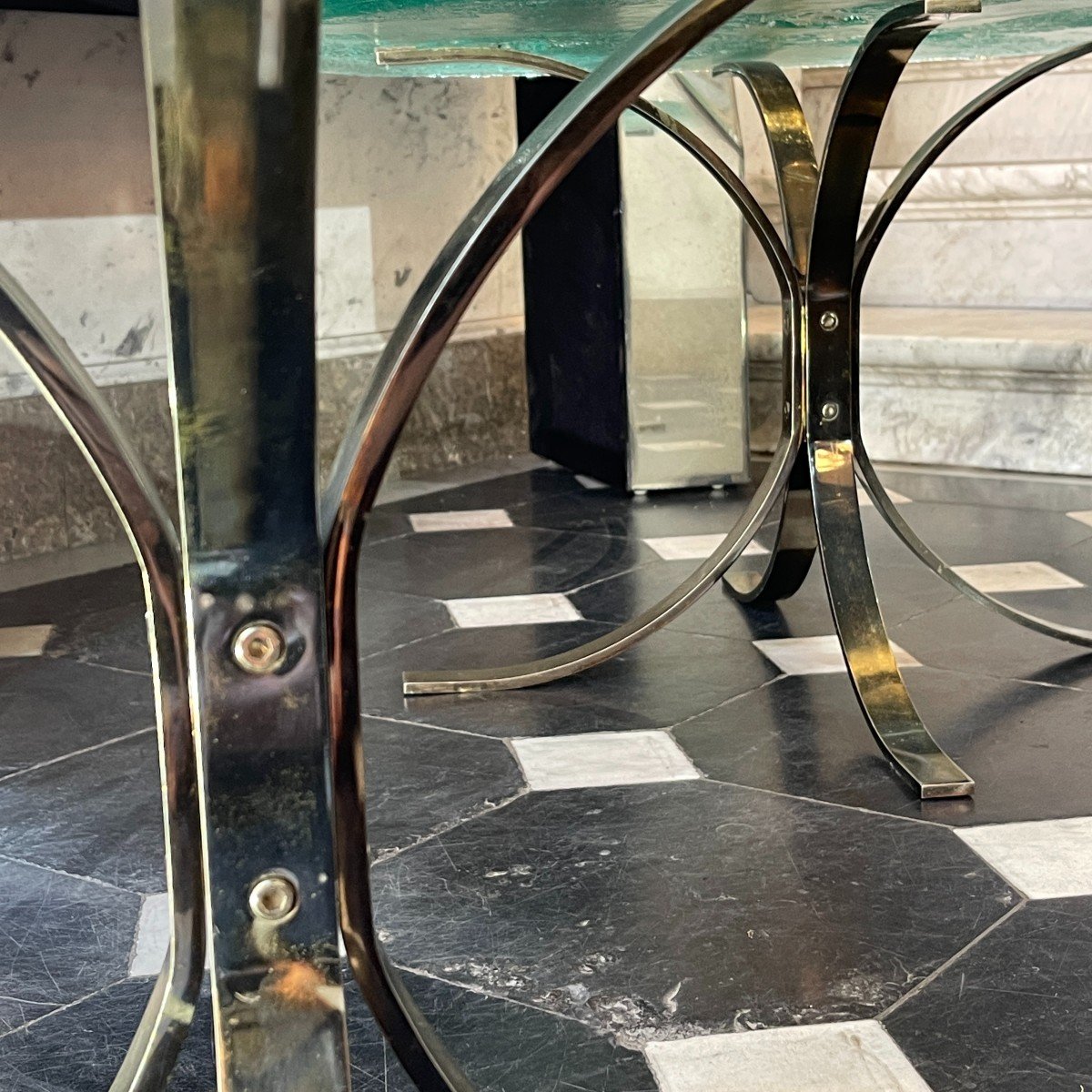 Pair Of Round Coffee / Sofa Tables, Brutalist Artistic Glass, Hollywood Regency Style, Ca 1970-photo-3