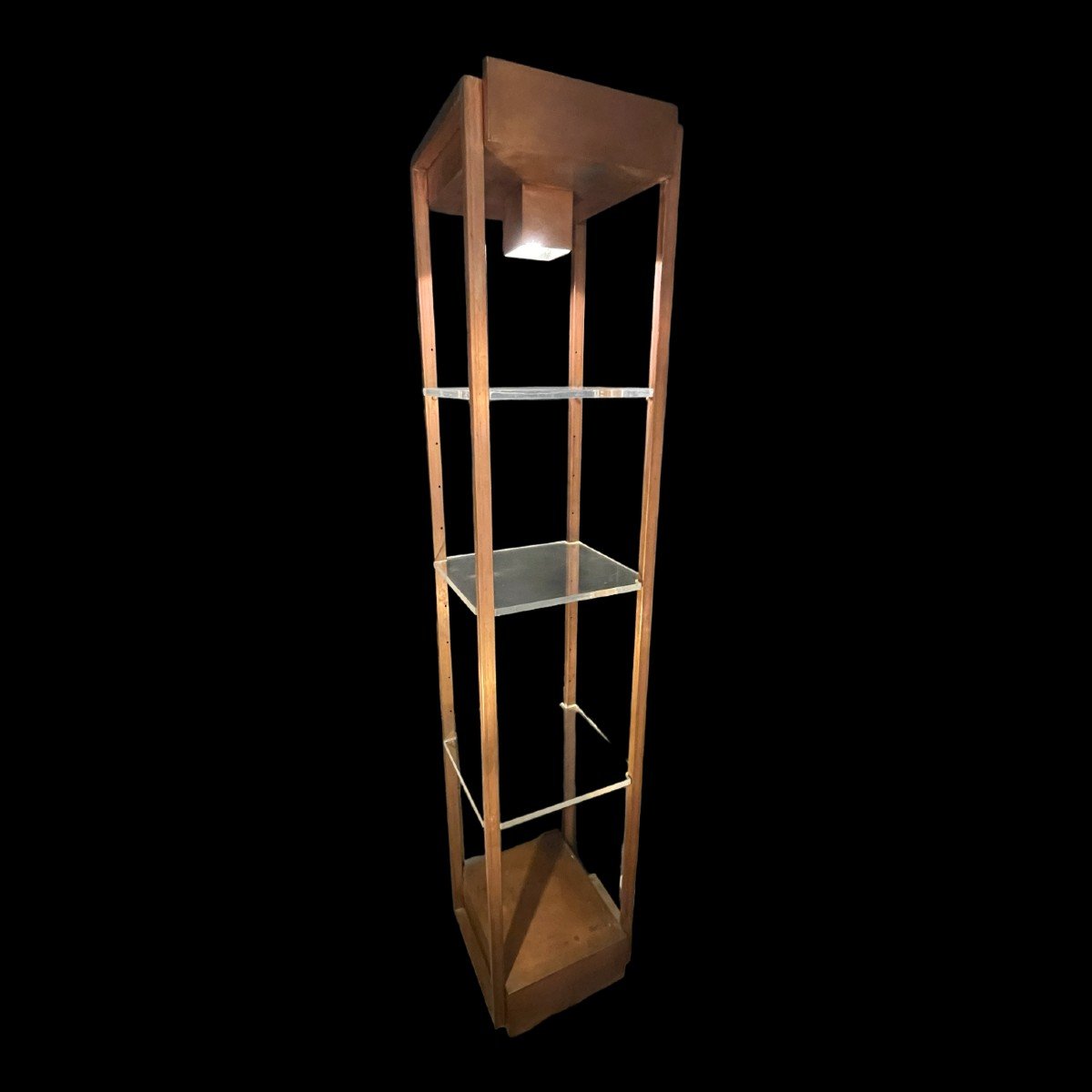 Vintage Illuminated Column Shelf, Copper Steel, Brutalist Industrial Design, Ca 1970