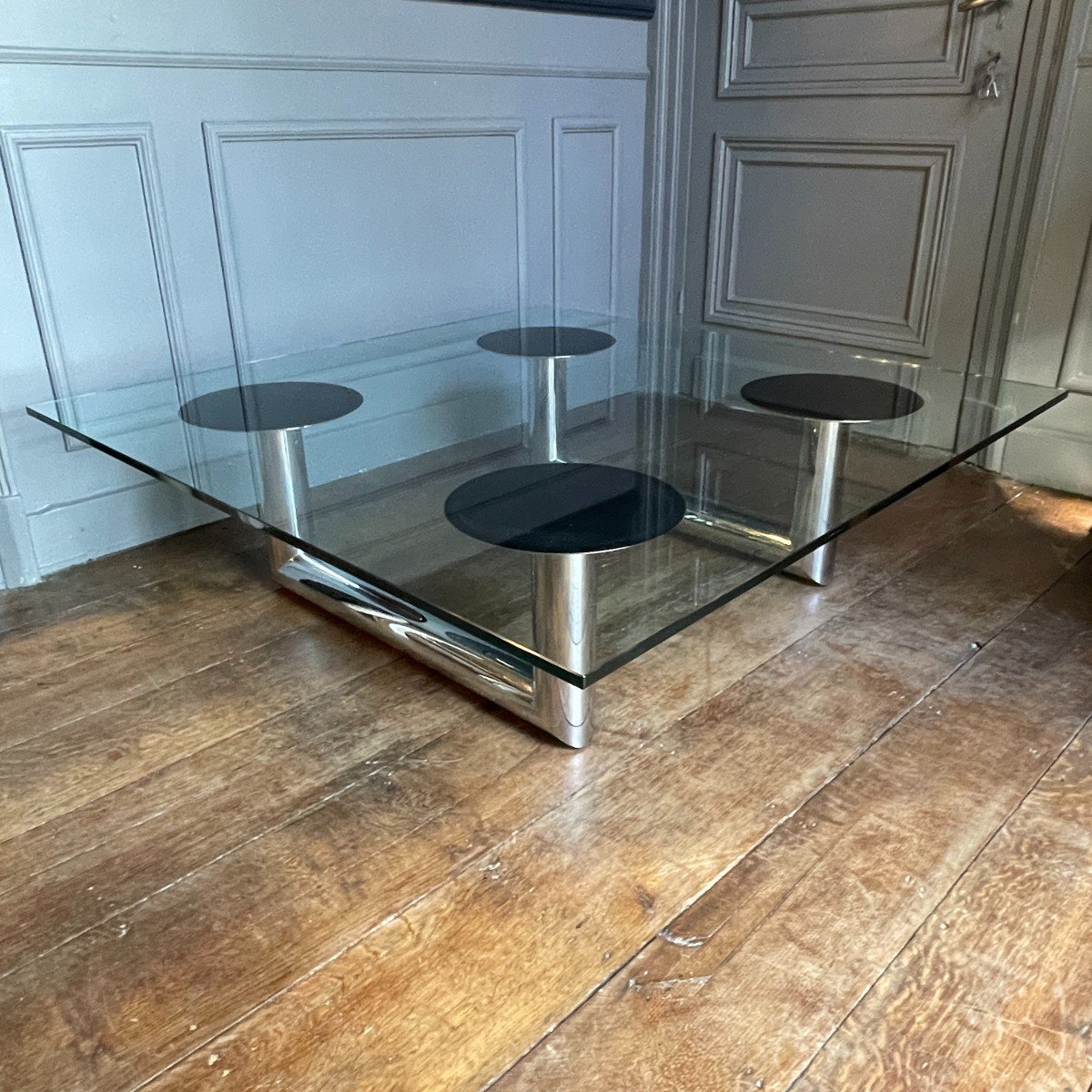 Grande Table Basse Ou De Salon Carrée En Acier Chromé, Design Italien, Ca 1970-photo-2