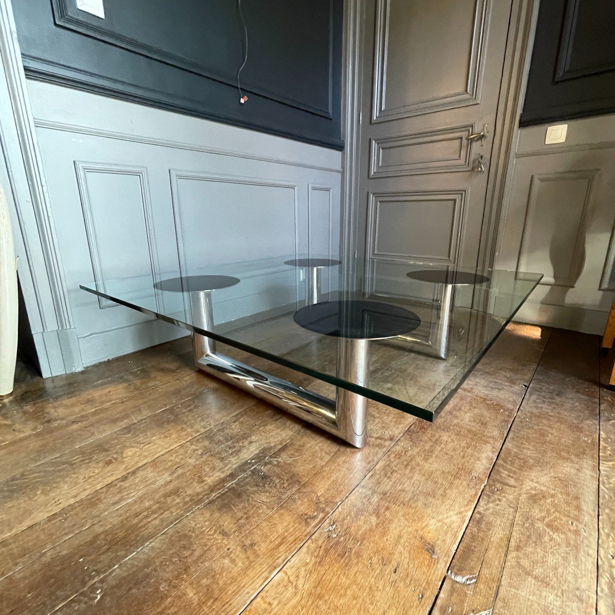 Grande Table Basse Ou De Salon Carrée En Acier Chromé, Design Italien, Ca 1970-photo-3