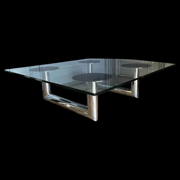 Grande Table Basse Ou De Salon Carrée En Acier Chromé, Design Italien, Ca 1970