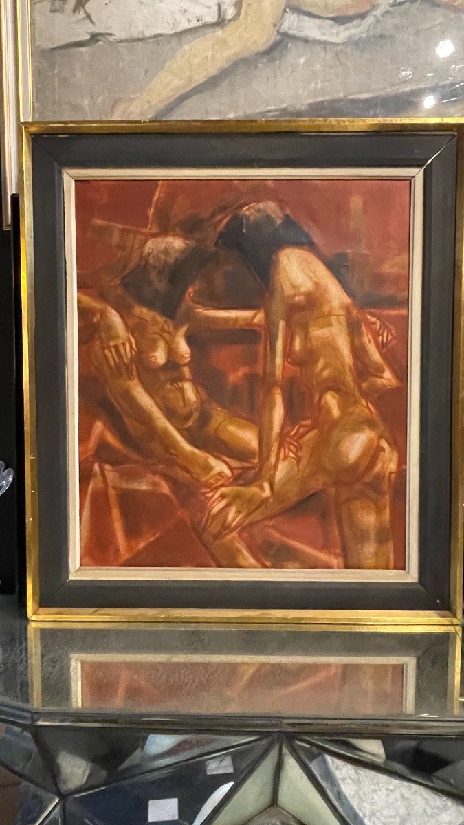 Francis Verlinden, "naked Women" Painting, Cabaret Scene, Oil On Canvas, 1970-photo-2