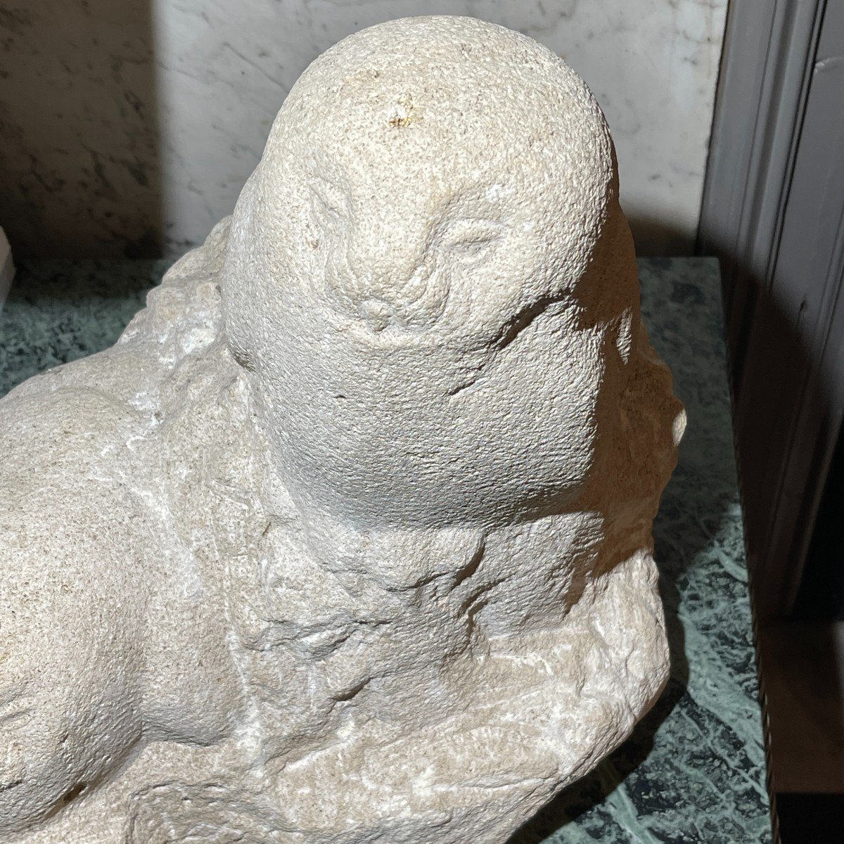 Herbert Geldhof "owl Owls" Stone Animal Sculpture In Direct Carving, 1960s-photo-2