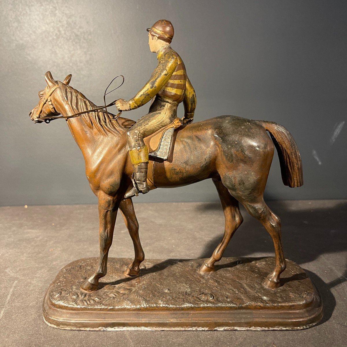 Sculpture Equestre / Statue Hippique Cheval Jockey, Régule Polychrome, Ca 1890-photo-3