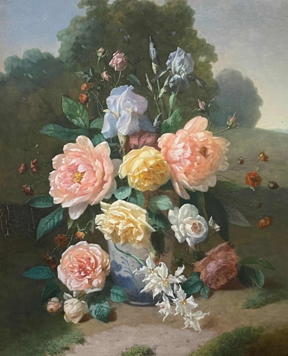 Henri Robbe, Tableau " Bouquet De Fleurs ", Peinture Nature Morte, Huile Panneau, Ca 1840