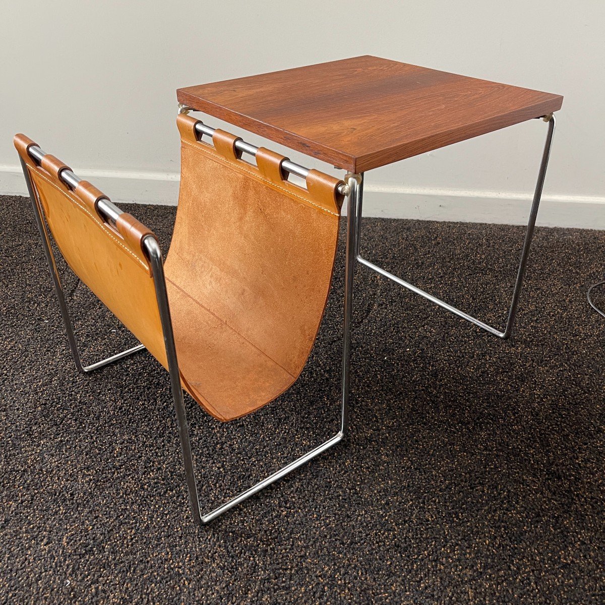 Vintage Leather Side Table / Newspaper Rack, Rosewood Chromed Steel 1970-photo-2