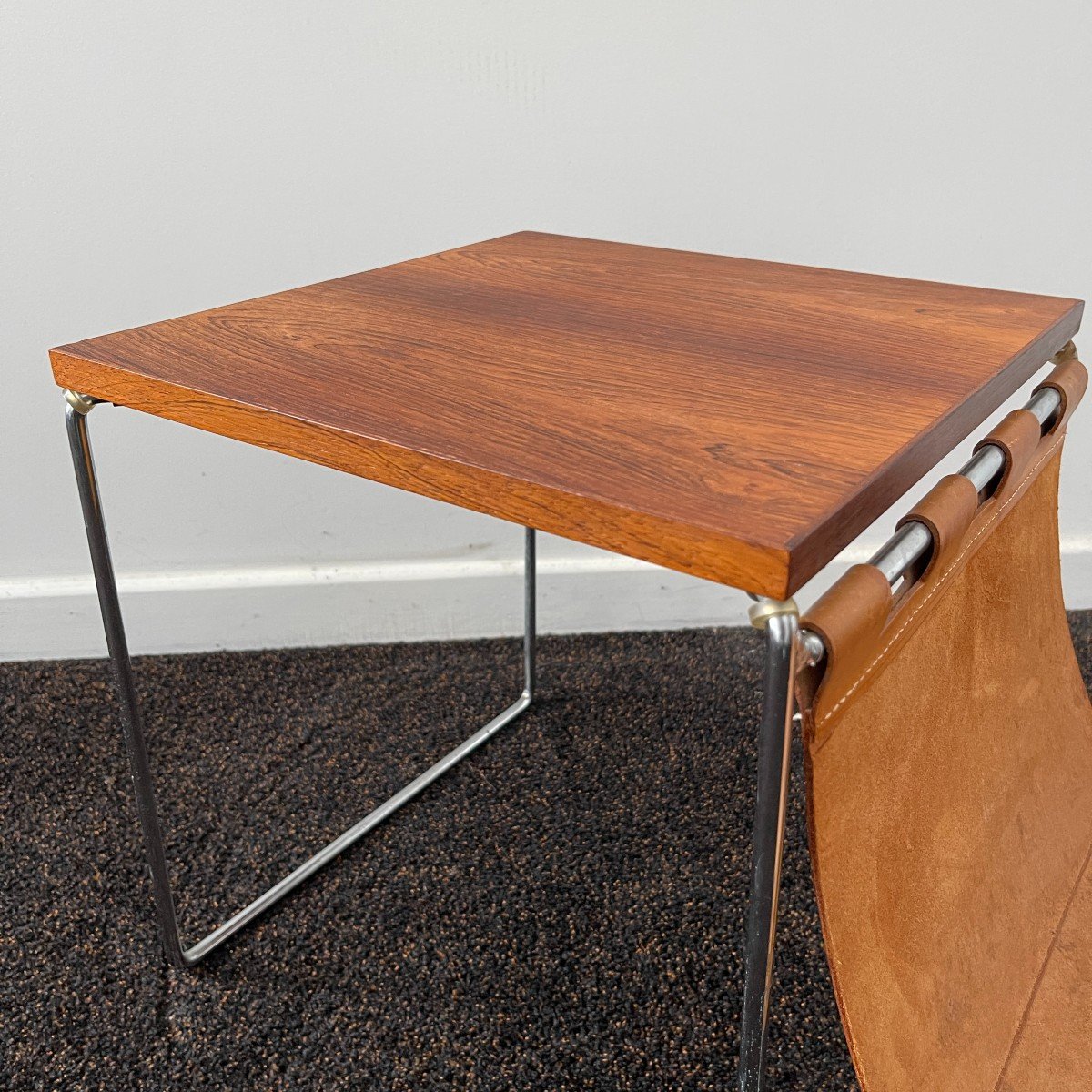 Vintage Leather Side Table / Newspaper Rack, Rosewood Chromed Steel 1970-photo-3