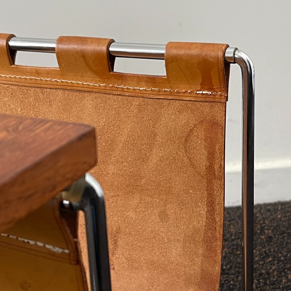 Vintage Leather Side Table / Newspaper Rack, Rosewood Chromed Steel 1970-photo-5